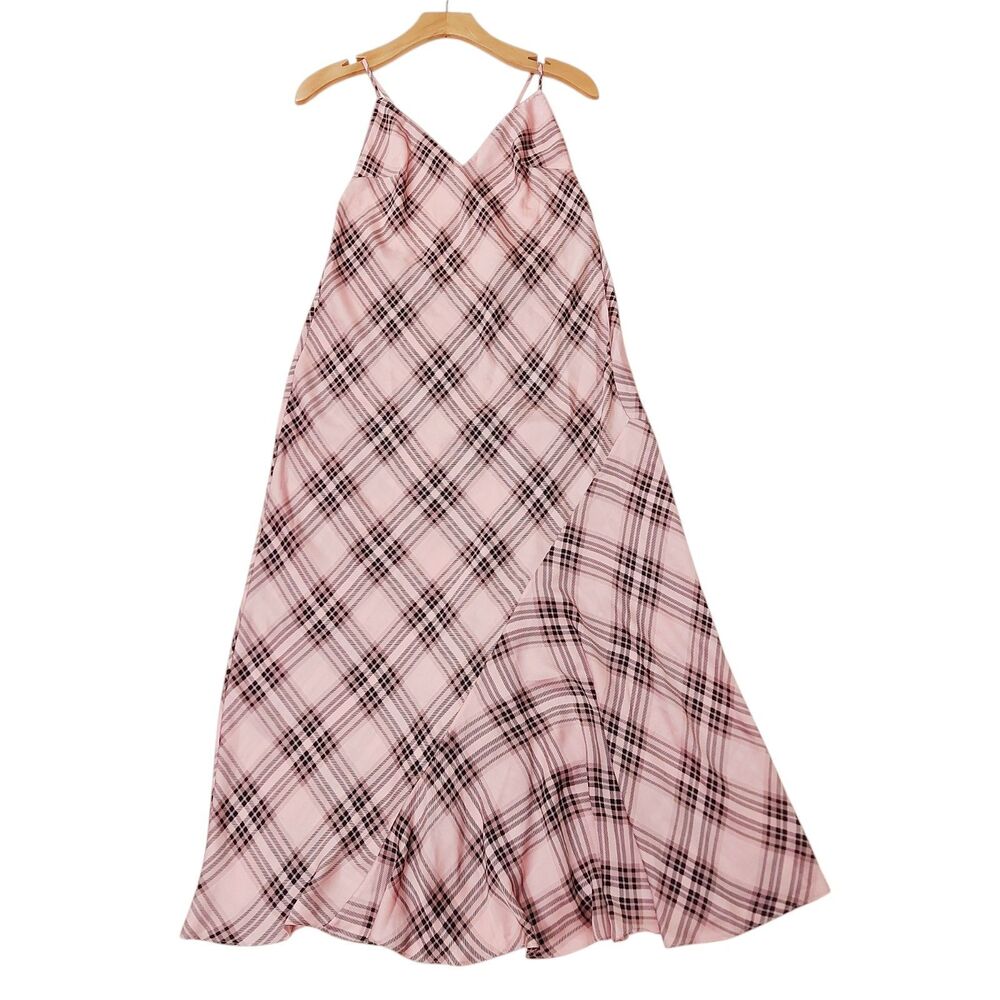 Victoria's Secret Satin Midi Slip Dress Womens Medium Pink Plaid Asymmetrical